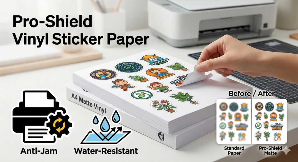 High-quality A4 matte vinyl sticker paper pack shown with anti-jam printer icon and water-resistant droplet symbol. Features a split-screen comparison showing smudge-free Pro-Shield vs. standard blurred ink.